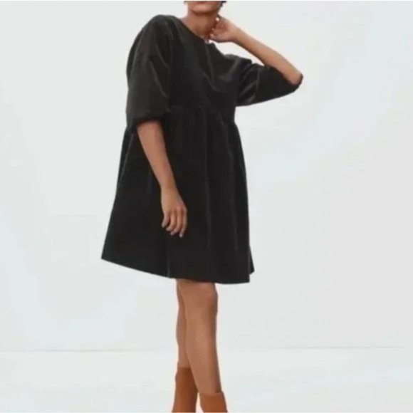 Everlane Dresses & Skirts - Everlane The Corduroy Black Puff Sleeve Cotton Blend Babydoll Mini Dress Medium